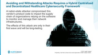 © 2021 Health Catalyst
Proprietary. Feel free to share but we would appreciate a Health Catalyst citation.
Avoiding and Withstanding Attacks Requires a Hybrid Centralized
and Decentralized Healthcare Cybersecurity Framework
A nation-state attacker compromised this
vendor’s product code to impact the supply
chain of organizations relying on the software
to monitor and manage their network
infrastructures.
The effects of this attack are only in their
first wave and will be long-lasting.
 