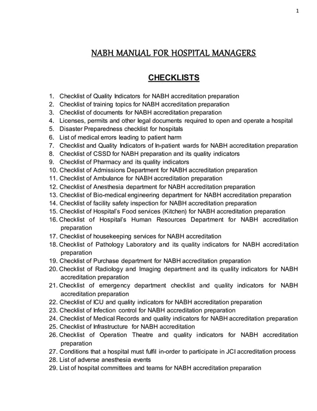NABH Hospital Checklists and Quality Indicators PDF