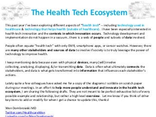 The Health Tech Ecosystem
This past year I’ve been exploring different aspects of “health tech” -- including technology used in
healthcare & technology that helps health (outside of healthcare). I have been especially interested in
health tech innovation and the contexts in which innovation occurs. Technology development and
implementation do not happen in a vacuum…there is a web of people and subsets of data involved.
People often equate “health tech” with only EMR, smartphone apps, or sensor watches. However, there
are many other stakeholders and sources of data to involve if society is to truly leverage the power of
technology to improve health.
I keep mentioning data because even with physical devices, many (will) involve
collecting, analyzing, displaying, &/or transmitting data. Data is often what ultimately connects the
stakeholders, and data is what gets transformed into information that influences each stakeholder’s
actions.
Lately quite a few colleagues have asked me for a copy of the diagrams I scribble on scratch paper
during our meetings. In an effort to help more people understand and innovate in the health tech
ecosystem, I am sharing the following drafts. They are not meant to be perfect exhaustive lists of every
possible example and relationship, but rather a high level overview. Let me know if you think of other
key items to add or modify for when I get a chance to update this, thanks!
Wen Dombrowski MD
Twitter.com/HealthcareWen
 