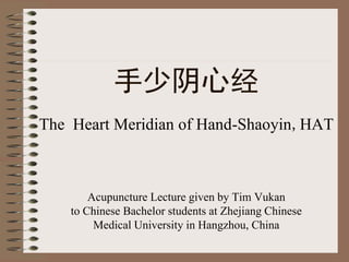 手少阴心经
The Heart Meridian of Hand-Shaoyin,HAT
Acupuncture Lecture given by Tim Vukan
to Chinese Bachelor students at Zhejiang Chinese
Medical University in Hangzhou, China
 