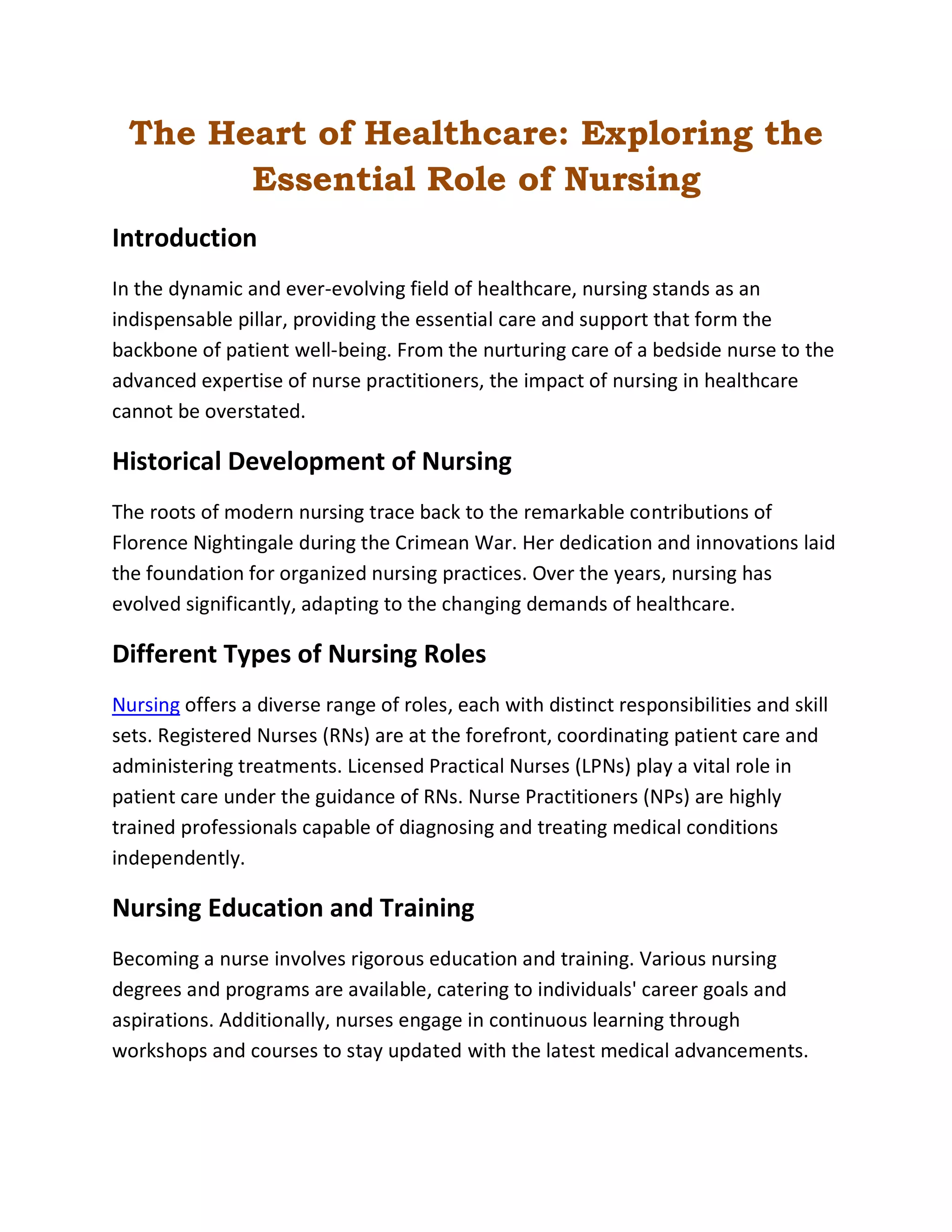 The Heart of Healthcare : Exploring the Essential Role of Nursing | PDF