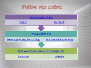Joint Web Editor Learning Technologies SIG
Slideshare Linkedin
WiziQ Author Blog
Elearning industry Author blog Learnoutlive Author blog
Sylvia’s English Online
Twitter Facebook
 