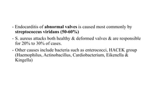 - Endocarditis of abnormal valves is caused most commonly by
streptococcus viridans (50-60%)
- S. aureus attacks both healthy & deformed valves & are responsible
for 20% to 30% of cases.
- Other causes include bacteria such as enterococci, HACEK group
(Haemophilus, Actinobacillus, Cardiobacterium, Eikenella &
Kingella)
 