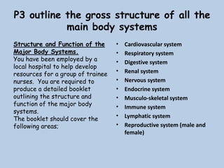 P3 outline the gross structure of all the
main body systems
Structure and Function of the
Major Body Systems.
You have been employed by a
local hospital to help develop
resources for a group of trainee
nurses. You are required to
produce a detailed booklet
outlining the structure and
function of the major body
systems.
The booklet should cover the
following areas;
• Cardiovascular system
• Respiratory system
• Digestive system
• Renal system
• Nervous system
• Endocrine system
• Musculo-skeletal system
• Immune system
• Lymphatic system
• Reproductive system (male and
female)
 