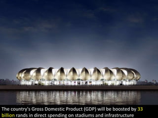 The country's Gross Domestic Product (GDP) will be boosted by 33 billion rands in direct spending on stadiums and infrastructure