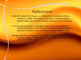 References
Frank, M.S., Jones, R.M., McLeod, J.C., Krockover, G.H., VanDeman, B.A., &
Valenta, C.J. (2000). Heat energy on the move. In Harcourt Science,
Teacher’s Edition (pp. E40-E45). Orlando, FL:Harcourt School Publishers.
K-7 Scholar Work Group (n.d.). Michigan fourth grade science grade level
content expectations V1.09. Retrieved from http://www.michigan.gov
/documents /mde/4-Science_COMPLETE_12-10-07_218319_7.pdf.
Michigan State Board of Education (June, 2005). Michigan educational technology
standards grades 3-5. Retrieved from http://www.mich.gov/documents
/METS_3-5_129585_7.pdf.
 
