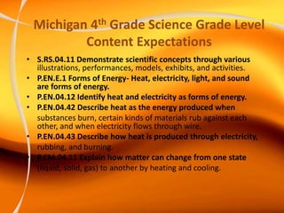 Michigan 4th Grade Science Grade Level
Content Expectations
• S.RS.04.11 Demonstrate scientific concepts through various
illustrations, performances, models, exhibits, and activities.
• P.EN.E.1 Forms of Energy- Heat, electricity, light, and sound
are forms of energy.
• P.EN.04.12 Identify heat and electricity as forms of energy.
• P.EN.04.42 Describe heat as the energy produced when
substances burn, certain kinds of materials rub against each
other, and when electricity flows through wire.
• P.EN.04.43 Describe how heat is produced through electricity,
rubbing, and burning.
• P.CM.04.11 Explain how matter can change from one state
(liquid, solid, gas) to another by heating and cooling.
 