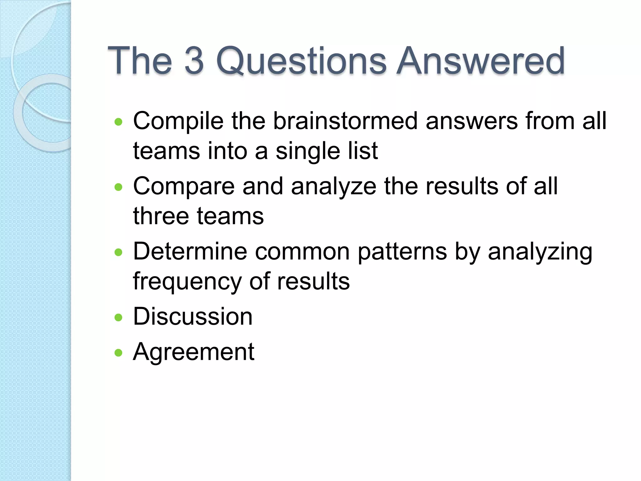The 3 Questions Answered 
 Compile the brainstormed answers from all 
teams into a single list 
 Compare and analyze the results of all 
three teams 
 Determine common patterns by analyzing 
frequency of results 
 Discussion 
 Agreement 
 