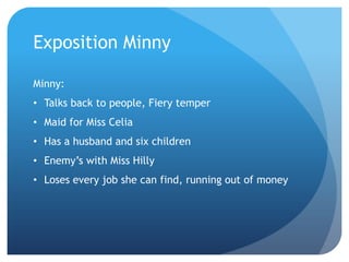 Exposition Minny

Minny:
• Talks back to people, Fiery temper
• Maid for Miss Celia
• Has a husband and six children
• Enemy’s with Miss Hilly
• Loses every job she can find, running out of money
 