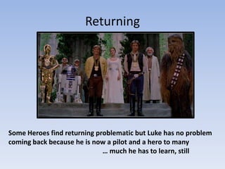 Returning

Some Heroes find returning problematic but Luke has no problem
coming back because he is now a pilot and a hero to many
… much he has to learn, still

 