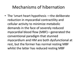 Mechanisms of hibernation
• The ‘smart heart hypothesis —the deliberate
reduction in myocardial contractility and
cellular activity to minimize metabolic
demands in the face of severely reduced
myocardial blood flow (MBF)—generated the
conventional paradigm that stunned
myocardium and HM are both dysfunctional at
rest, but the former has normal resting MBF
whilst the latter has reduced resting MBF
 