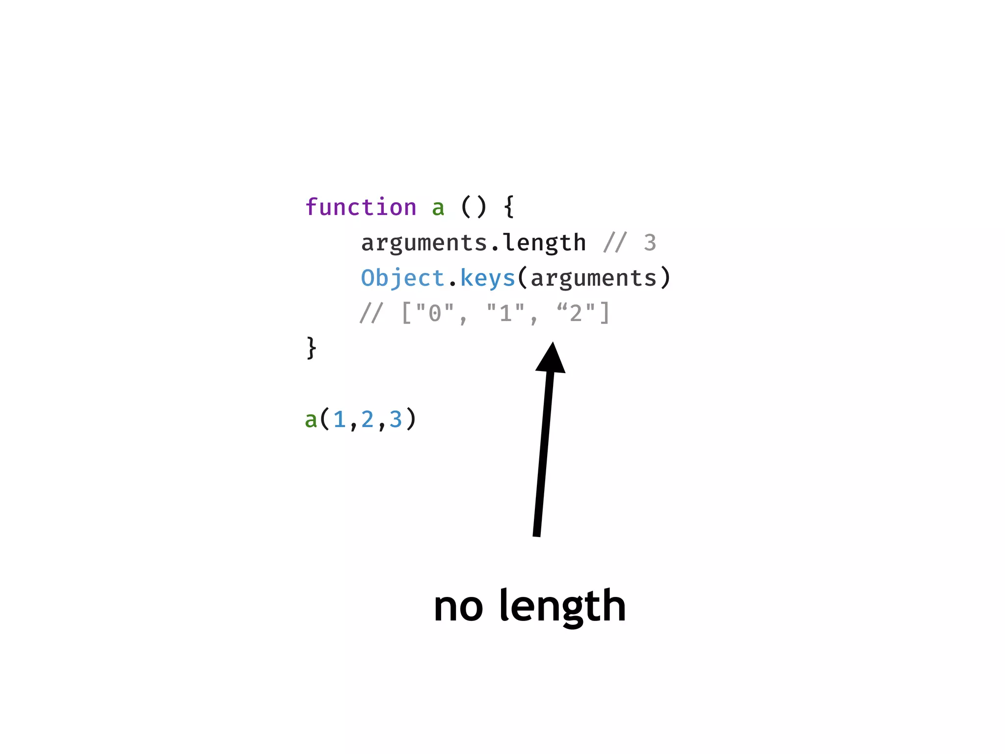 function a () {
arguments.length !// 3
Object.keys(arguments)
!// ["0", "1", “2"]
}
a(1,2,3)
no length
 