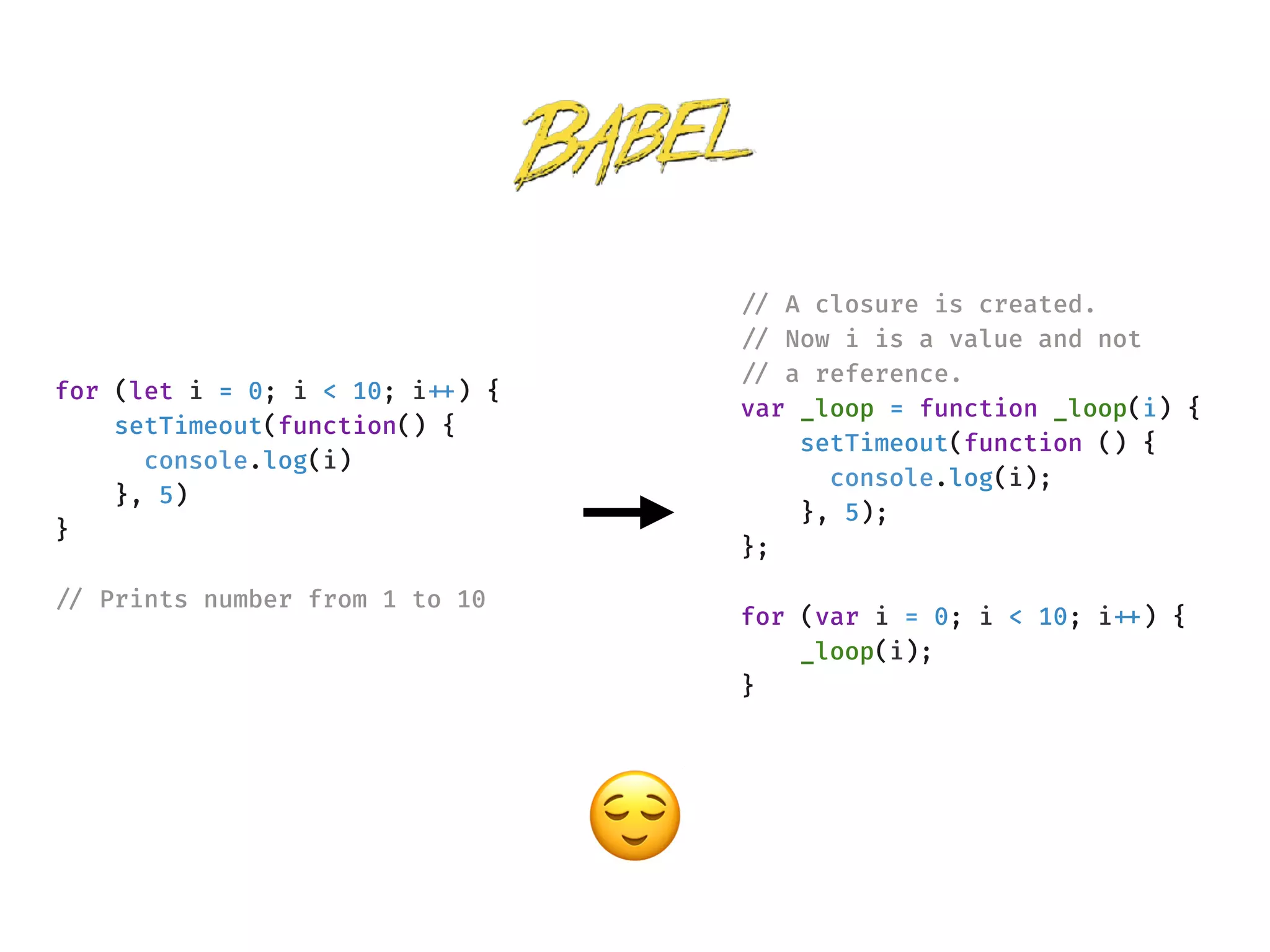 !// A closure is created.
!// Now i is a value and not
!// a reference.
var _loop = function _loop(i) {
setTimeout(function () {
console.log(i);
}, 5);
};
for (var i = 0; i < 10; i!++) {
_loop(i);
}
for (let i = 0; i < 10; i!++) {
setTimeout(function() {
console.log(i)
}, 5)
}
!// Prints number from 1 to 10
😌
 