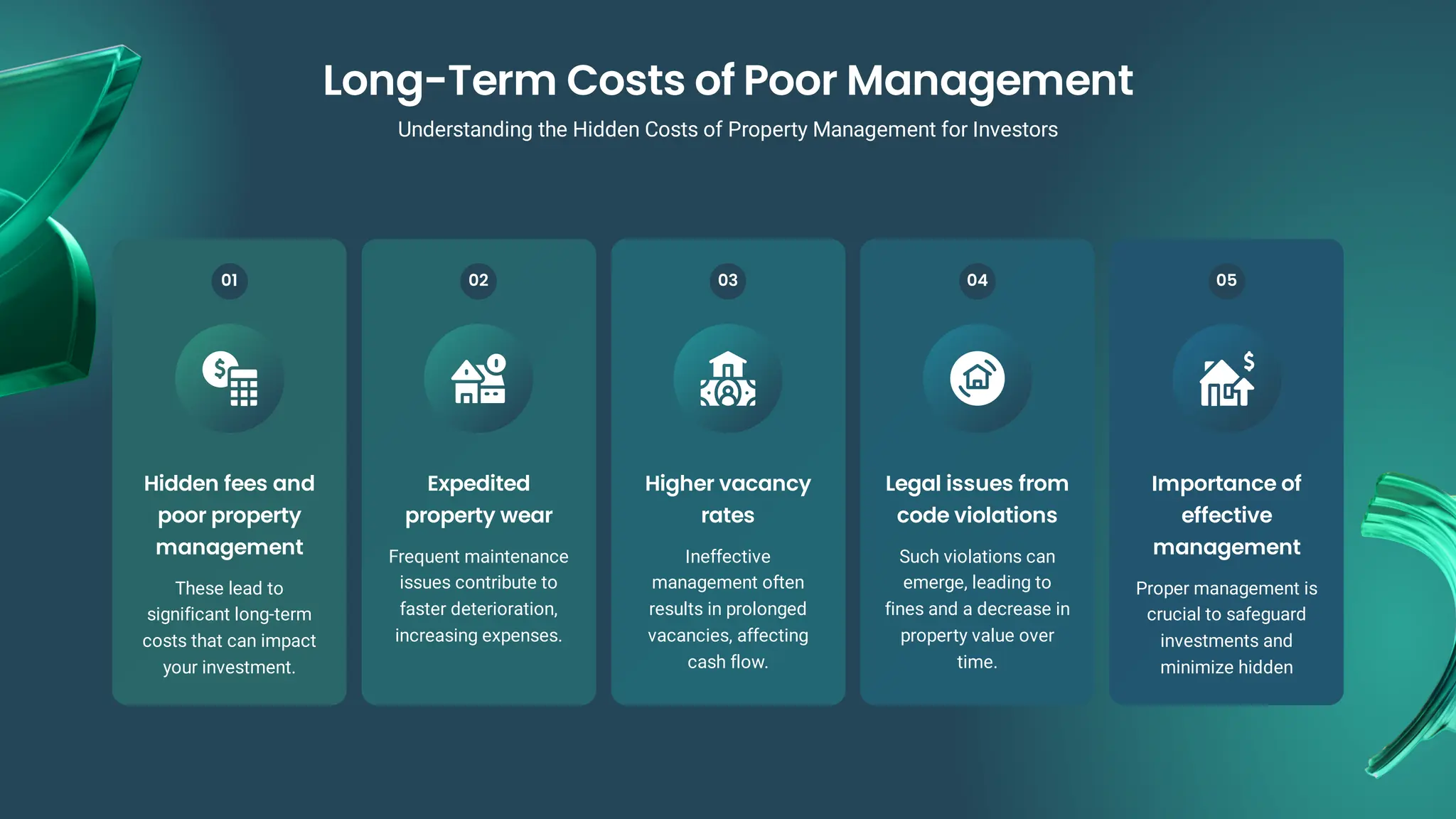 Hidden fees and
poor property
management
These lead to
significant long-term
costs that can impact
your investment.
Expedited
property wear
Frequent maintenance
issues contribute to
faster deterioration,
increasing expenses.
Higher vacancy
rates
Ineffective
management often
results in prolonged
vacancies, affecting
cash flow.
Legal issues from
code violations
Such violations can
emerge, leading to
fines and a decrease in
property value over
time.
Importance of
effective
management
Proper management is
crucial to safeguard
investments and
minimize hidden
01 02 03 04 05
Long-Term Costs of Poor Management
Understanding the Hidden Costs of Property Management for Investors
 