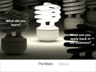 What did you
  learn?


                                    What can you
                                    apply back in
                                    the business?




               The Maze   Debrief
 