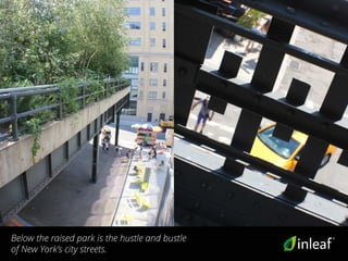 Below the raised park is the hustle and bustle
of New York’s city streets.
 