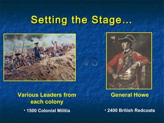 Setting the Stage…Setting the Stage…
Various Leaders from
each colony
• 1500 Colonial Militia
General Howe
• 2400 British Redcoats
 