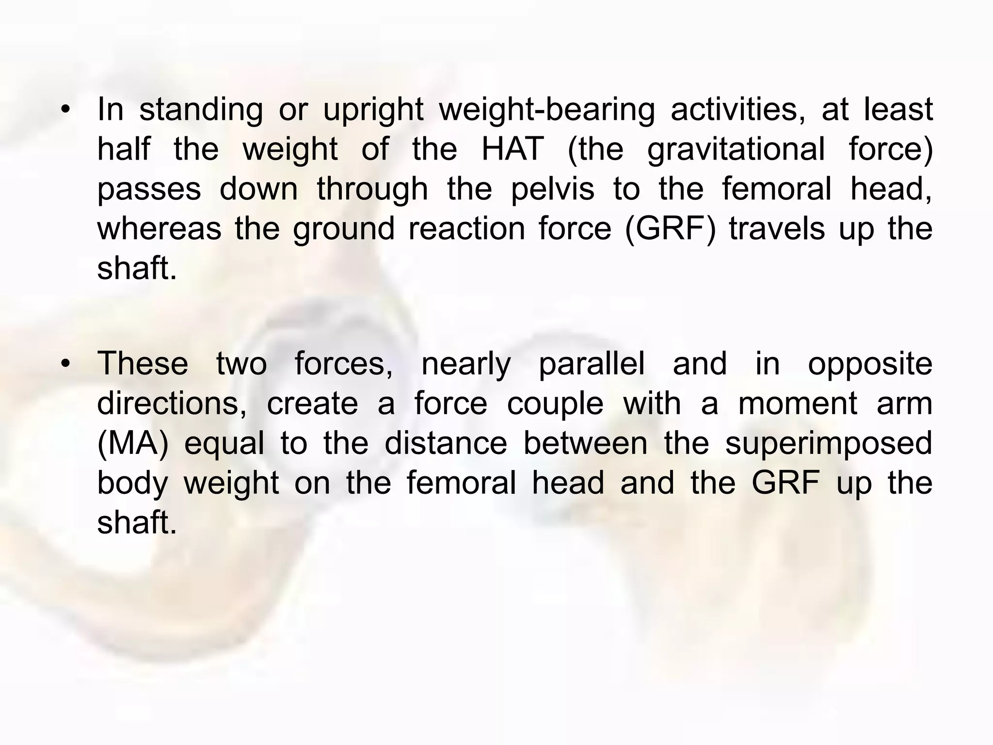 • In standing or upright weight-bearing activities, at least
half the weight of the HAT (the gravitational force)
passes down through the pelvis to the femoral head,
whereas the ground reaction force (GRF) travels up the
shaft.
• These two forces, nearly parallel and in opposite
directions, create a force couple with a moment arm
(MA) equal to the distance between the superimposed
body weight on the femoral head and the GRF up the
shaft.
 