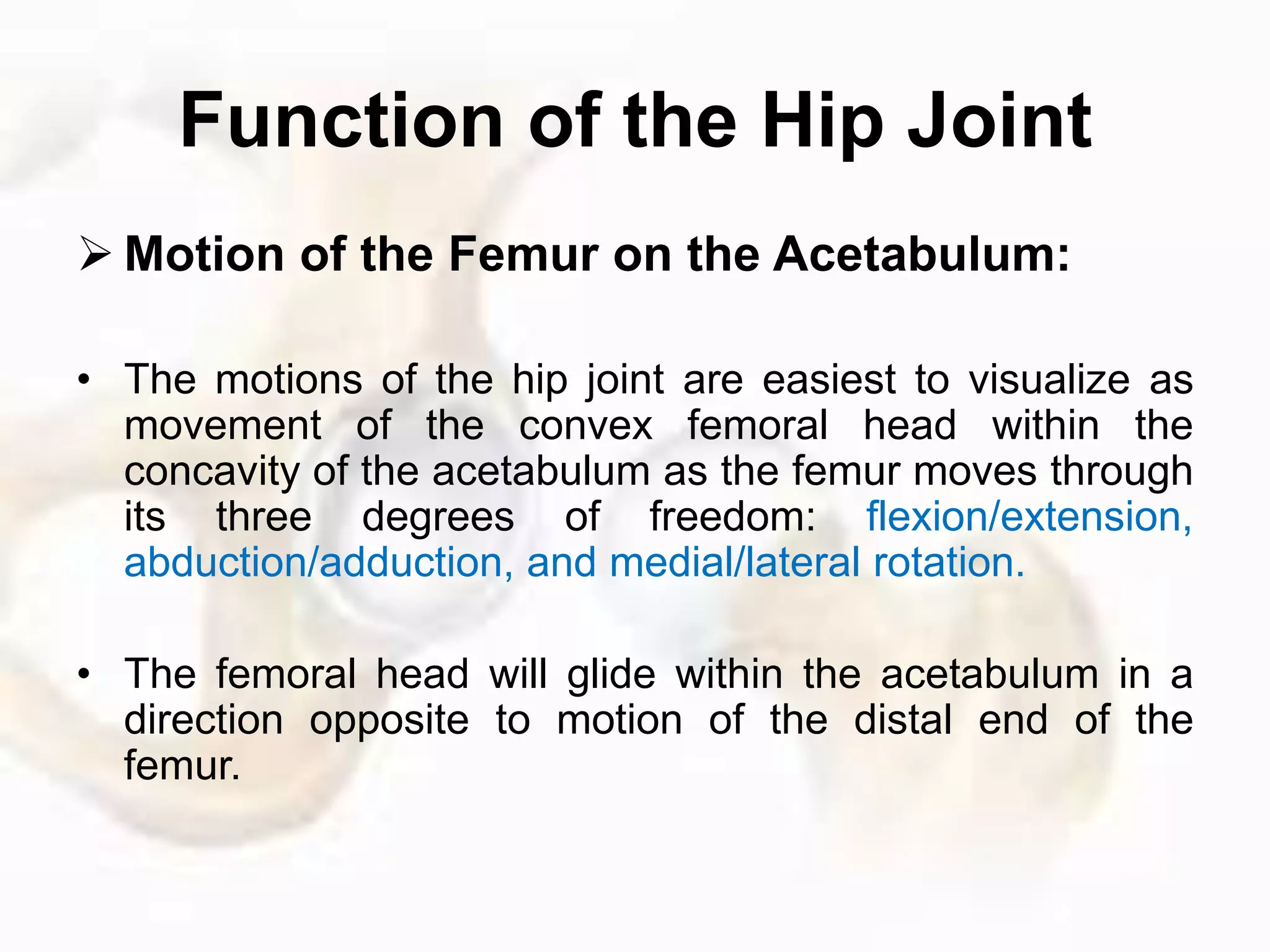 Function of the Hip Joint
 Motion of the Femur on the Acetabulum:
• The motions of the hip joint are easiest to visualize as
movement of the convex femoral head within the
concavity of the acetabulum as the femur moves through
its three degrees of freedom: flexion/extension,
abduction/adduction, and medial/lateral rotation.
• The femoral head will glide within the acetabulum in a
direction opposite to motion of the distal end of the
femur.
 