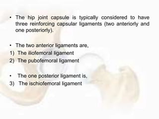 • The primary weight-bearing area of the femoral head is,
correspondingly, its superior portion.
• Although the primary we...