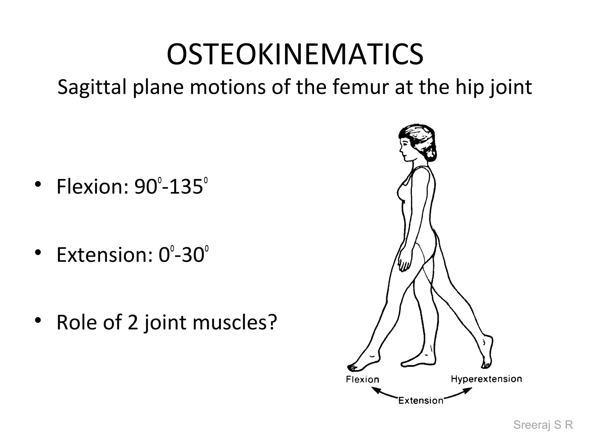 OSTEOKINEMATICS
  Sagittal plane motions of the femur at the hip joint



• Flexion: 90o-135o

• Extension: 0o-30o

• Role of 2 joint muscles?



                                                   Sreeraj S R
 