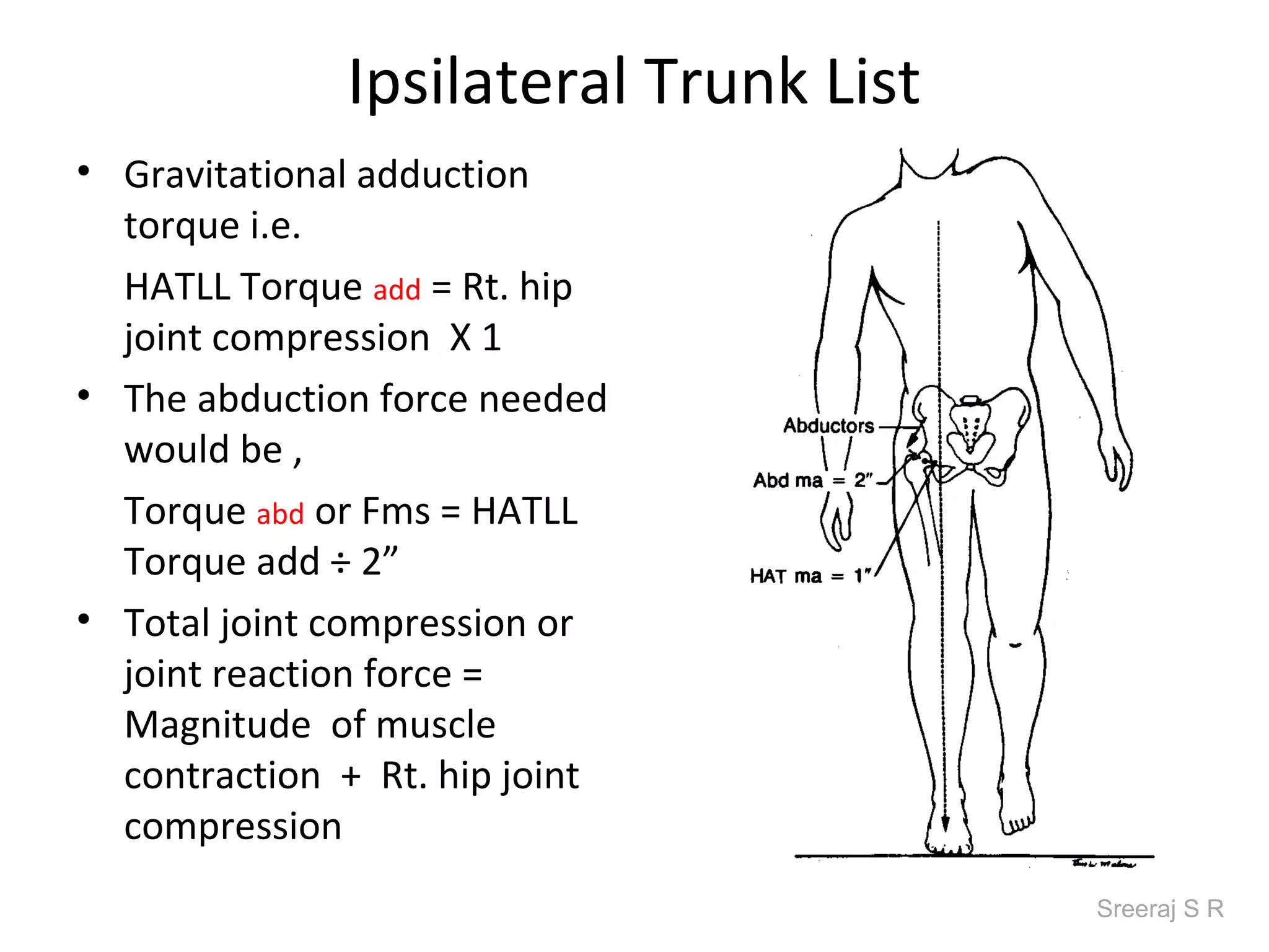 Ipsilateral Trunk List
• Gravitational adduction
  torque i.e.
  HATLL Torque add = Rt. hip
  joint compression X 1
• The abduction force needed
  would be ,
  Torque abd or Fms = HATLL
  Torque add ÷ 2”
• Total joint compression or
  joint reaction force =
  Magnitude of muscle
  contraction + Rt. hip joint
  compression
                                       Sreeraj S R
 