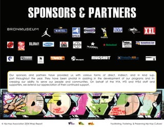 SPONSORS & PARTNERS



       Our sponsors and partners have provided us with various forms of direct, indirect, and in kind sup-
       port throughout the year. They have been pivotal in assisting in the development of our programs and in-
       creasing our ability to serve our people and communities. On behalf of the H2A, H20 and H2Ed staff and
       supporters, we extend our appreciation of their continued support.




4: Hip-Hop Association 2004 Wrap Report                                        Facilitating, Fostering, & Preserving Hip-Hop Culture!
 