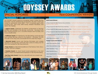 ODYSSEY AWARDS
      SPECIAL HONOREES                                                                                FILM COMPETITION WINNERS

     The ODYSSEY Awards ceremony recognizes today’s hottest Hip-Hop           Adult Award Winners
     filmmakers, industry professionals and pioneers. This year’s event was
     hosted by actor/poet muMs (HBO’s “Oz”), & featured guest artists         » Props Award for Best Feature Documentary – “Letter To The President” by Thomas
     including UTFO, Jean Grae, Keith Murray, Bokeem Woodbine, and            Gibson & Trinh T. Banh
     Melvin Van Peebles,
                                                                              » Props Award for Best Short Documentary – “Hali Halisi” by Martin Meulenberg
     » Legend Award: Celebrates the lifetime achievement of Hip-Hop           » Props Award for Best Under The Influence Film – “Poetic License” by David Yanofsky
     pioneers and notables in the Hip-Hop community. Honorees: Kurtis
     Blow, Roxanne Shante, DJ AJ, JoJo (Rock Steady Crew Founder), and        » Props Award for Best Short Narrative Film – “The Defendant Rests” by Omar Akil
     Futura (Graffiti Artist)
                                                                              » Freestyle Award for Best Experimental Film – “A Harlem Document” by Emmanuel
     » Trailblazer Award: For individuals in the filmmaking community that    Pratt & Olalekan
     have pushed Hip-Hop culture to the forefront. Honorees: The RZA
     (Founder of Wu Tang Clan) and Russell Simmons (Hip-Hop Mogul)            » Best Rap Actor Award – MC Lyte

                                                                              Freshest Youth Award Winners
     » Memorial Award: Honors past Hip-Hop filmmakers and notable
     members of the Hip-Hop community; Rick James for being one the
                                                                              » Best Documentary Short – “Story of Promise” directed by EVC & “Listen Up”
     artist most sampled by Hip-Hop producers.
                                                                              » Best Documentary Long – “Rapenandole Al Miedo” by Polimorfo & “Listen Up!”
     » Props Award: For directorial excellence in the Feature, Short, Docu-
     mentary, and PSA category.                                               » Best Narrative Long – “You Never Know” by Big Picture Alliance

     » Freestyle Award: An Avant Guard award presented to the most            » Best Narrative Short – “Camike” produced by Big Picture Alliance
     original, unique and experimental expression in Hip-Hop filmmaking.
                                                                              » Best Experimental – “The Game” produced by Big Picture Alliance
     » Best Rap Actor Award: Given to a rap artist who has crossed over
     into acting.                                                             » Best PSA – “Photo Album” produced by Frame by Frame Fierce




7: Hip-Hop Association 2004 Wrap Report                                                                            Facilitating, Fostering, & Preserving Hip-Hop Culture!
                                                                                                                                  H2O: Social Awareness Through Media!
 