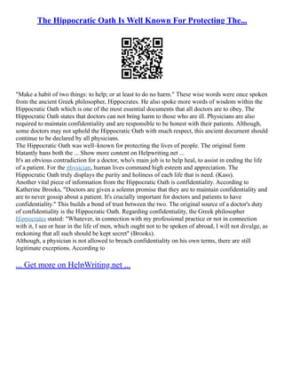 The Hippocratic Oath Is Well Known For Protecting The... | PDF
