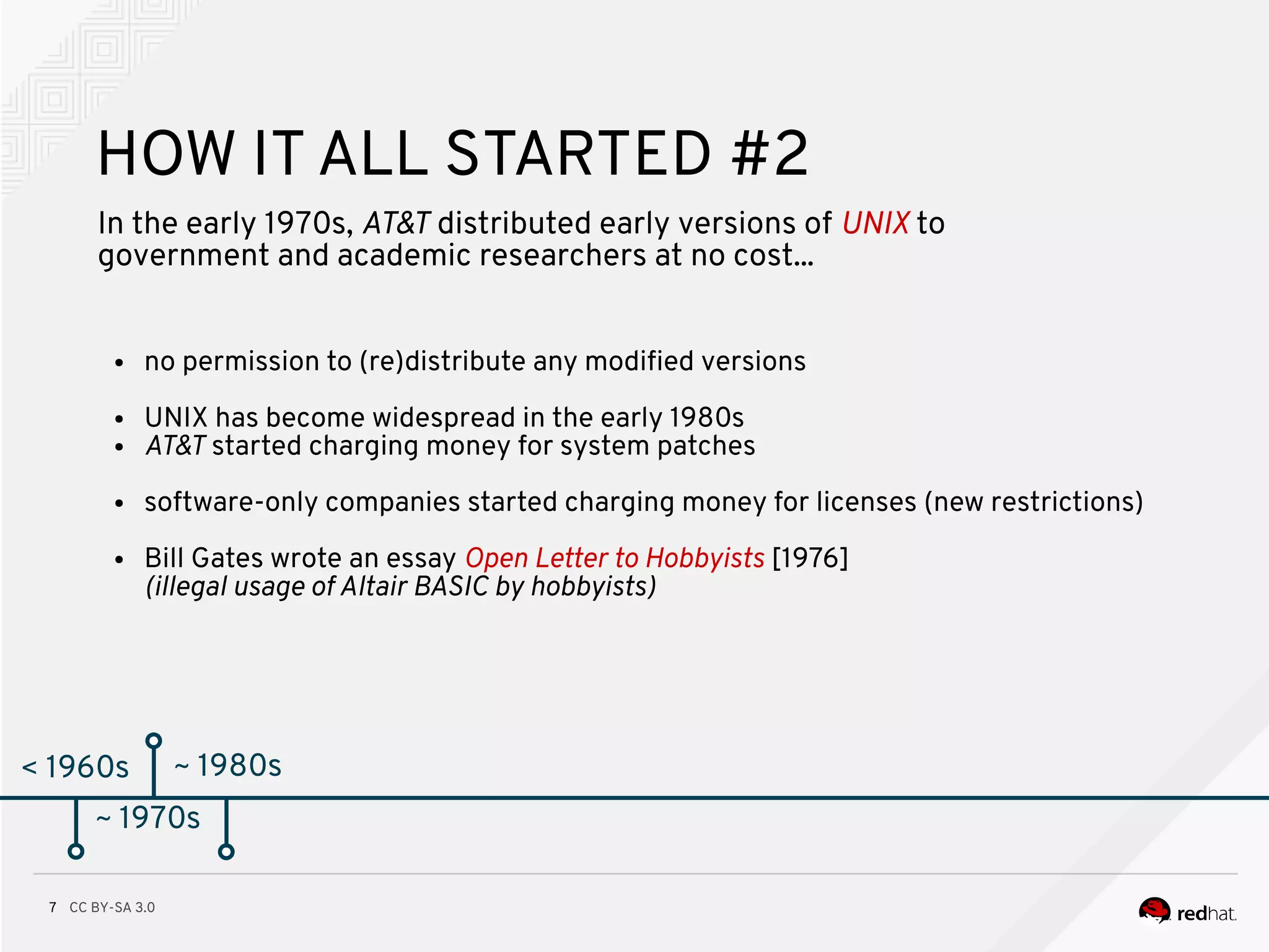 CC BY-SA 3.07
< 1960s
HOW IT ALL STARTED #2
In the early 1970s, AT&T distributed early versions of UNIX to
government and academic researchers at no cost...
● no permission to (re)distribute any modifed versions
● UNIX has become widespread in the early 1980s
● AT&T started charging money for system patches
● software-only companies started charging money for licenses (new restrictions)
● Bill Gates wrote an essay Open Letter to Hobbyists [1976]
(illegal usage of Altair BASIC by hobbyists)
~ 1970s
~ 1980s
 