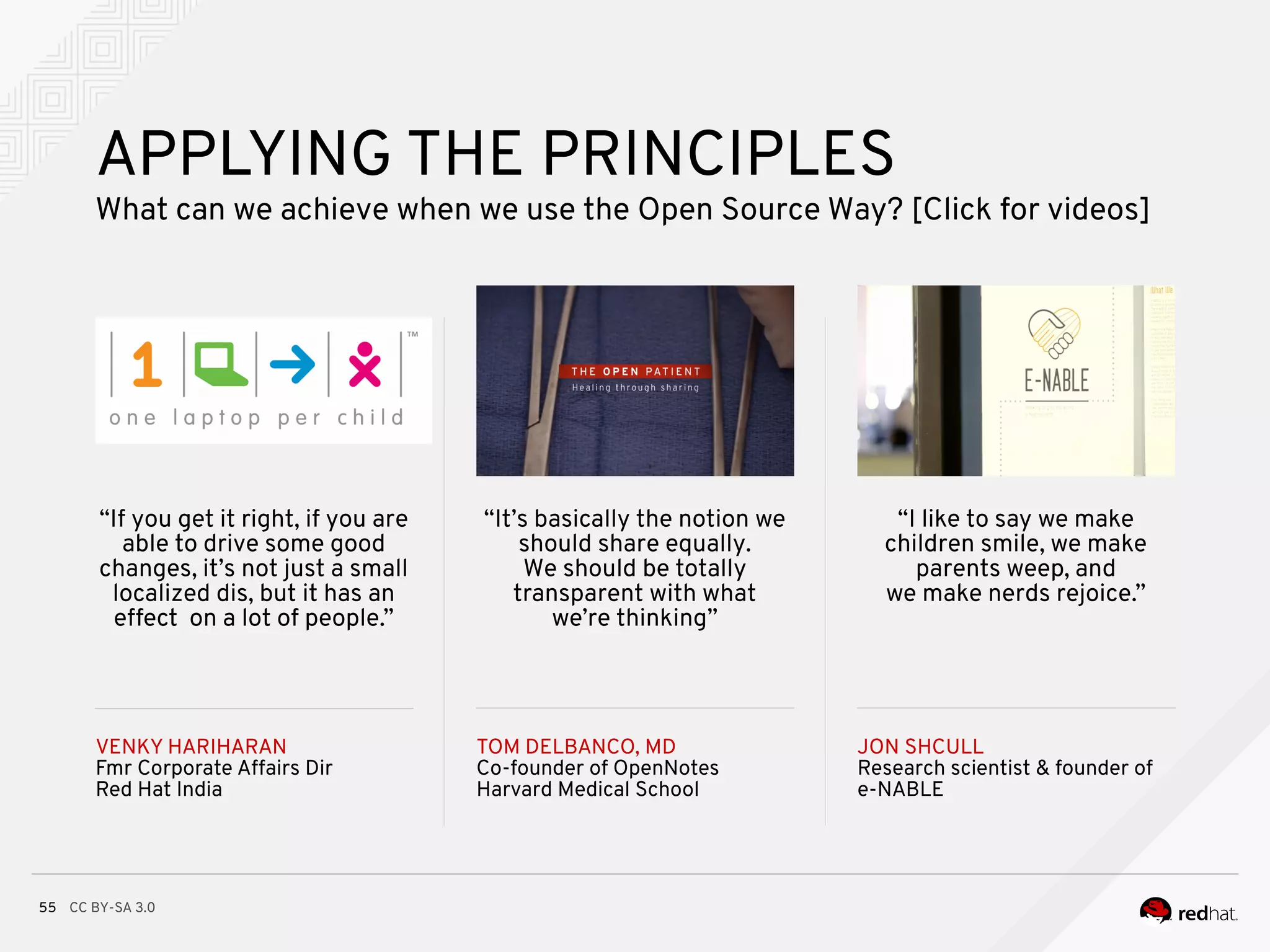 CC BY-SA 3.055
APPLYING THE PRINCIPLES
What can we achieve when we use the Open Source Way? [Click for videos]
VENKY HARIHARAN
Fmr Corporate Affairs Dir
Red Hat India
TOM DELBANCO, MD
Co-founder of OpenNotes
Harvard Medical School
JON SHCULL
Research scientist & founder of
e-NABLE
“If you get it right, if you are
able to drive some good
changes, it’s not just a small
localized dis, but it has an
effect on a lot of people.”
“It’s basically the notion we
should share equally.
We should be totally
transparent with what
we’re thinking”
“I like to say we make
children smile, we make
parents weep, and
we make nerds rejoice.”
 
