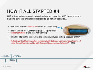 CC BY-SA 3.013
< 1960s
HOW IT ALL STARTED #4
MITAI Laboratory owned several network connected XPG laser printers.
But one day, the university decided to go for an upgrade...
● new laser printer (Xerox 9700) with IEEE 1284 plug
● lots of signals for “Centronics plug” (36 pins total)
● “paper jammed” signal was not working
● RMS tried to fx the issues, but the company refused to help because of NDA
“I don't want software vendors to make divide between users and developers – if
I like the software I must be able to give it to anyone and share it.” - RMS
~ 1970s
~ 1980s
 