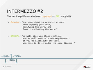 CC BY-SA 3.015
< 1960s
INTERMEZZO #2
The resulting difference between copyright vs. GPL (copyleft):
● Copyright - “You have right to restrict others
from copying your work,
modifying the work, and
from distributing the work.”
● GNU GPL - “We will give you those rights...
And we will have only one requirement:
If you do distribute the work,
you have to do it under the same license.”
~ 1970s
~ 1980s
 