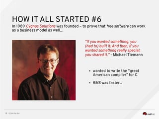 CC BY-SA 3.017
“If you wanted something, you
(had to) built it. And then, if you
wanted something really special,
you shared it.” - Michael Tiemann
HOW IT ALL STARTED #6
In 1989 Cygnus Solutions was founded – to prove that free software can work
as a business model as well...
● wanted to write the “great
American compiler” for C
● RMS was faster...
 