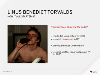 CC BY-SA 3.019
“Talk is cheap, show me the code!”
LINUS BENEDICT TORVALDS
HOW ITALL STARTED #7
● studied at University of Helsinki
● created Linux kernel in 1991
● perfect timing of Linux release
● created another important project (?)
in 2005
 