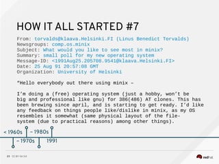 CC BY-SA 3.023
< 1960s
HOW IT ALL STARTED #7
From: torvalds@klaava.Helsinki.FI (Linus Benedict Torvalds)
Newsgroups: comp.os.minix
Subject: What would you like to see most in minix?
Summary: small poll for my new operating system
Message-ID: <1991Aug25.205708.9541@klaava.Helsinki.FI>
Date: 25 Aug 91 20:57:08 GMT
Organization: University of Helsinki
“Hello everybody out there using minix –
I’m doing a (free) operating system (just a hobby, won’t be
big and professional like gnu) for 386(486) AT clones. This has
been brewing since april, and is starting to get ready. I’d like
any feedback on things people like/dislike in minix, as my OS
resembles it somewhat (same physical layout of the file-
system (due to practical reasons) among other things).
~ 1970s
~ 1980s
~ 1970s 1991
 