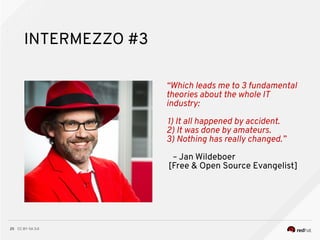 CC BY-SA 3.025
INTERMEZZO #3
“Which leads me to 3 fundamental
theories about the whole IT
industry:
1) It all happened by accident.
2) It was done by amateurs.
3) Nothing has really changed.”
– Jan Wildeboer
[Free & Open Source Evangelist]
 
