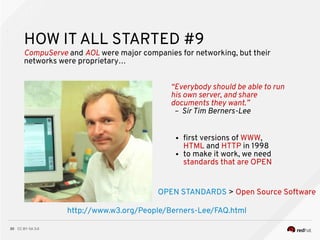 CC BY-SA 3.030
“Everybody should be able to run
his own server, and share
documents they want.”
– Sir Tim Berners-Lee
HOW IT ALL STARTED #9
CompuServe and AOL were major companies for networking, but their
networks were proprietary…
● frst versions of WWW,
HTML and HTTP in 1998
● to make it work, we need
standards that are OPEN
http://www.w3.org/People/Berners-Lee/FAQ.html
OPEN STANDARDS > Open Source Software
 