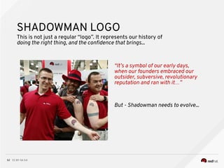 CC BY-SA 3.052
SHADOWMAN LOGO
This is not just a regular “logo”. It represents our history of
doing the right thing, and the confdence that brings...
“It’s a symbol of our early days,
when our founders embraced our
outsider, subversive, revolutionary
reputation and ran with it…”
But - Shadowman needs to evolve...
 