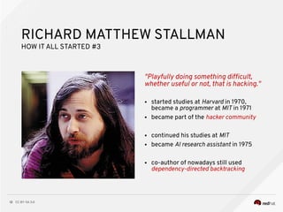 CC BY-SA 3.012
"Playfully doing something diffcult,
whether useful or not, that is hacking."
RICHARD MATTHEW STALLMAN
HOW ITALL STARTED #3
● started studies at Harvard in 1970,
became a programmer at MIT in 1971
● became part of the hacker community
● continued his studies at MIT
● became AI research assistant in 1975
● co-author of nowadays still used
dependency-directed backtracking
 