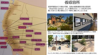 仮収容所
収容所建設までの数か月間、各地の競馬場等が仮の収容所
（Assembly Center）として使用された（～1942年10月）
臭いのきつい馬小屋などで一時的に暮らすことになる
現在ショッピングセンターとなっているTanforan競馬場も仮収容所として使用
された（BARTのSan Bruno駅構内にはパネル展示がある）
フレズノ市に存在した２か所の仮収容所跡地にも当時の様子を伝える展示が存在
 