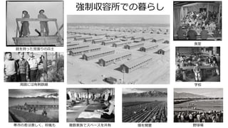 強制収容所での暮らし
周囲には有刺鉄線
銃を持った見張りの兵士
食堂
学校
畑を開墾寒冷の差は激しく、砂嵐も 複数家族でスペースを共有 野球場
 