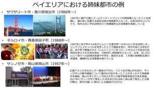 ベイエリアにおける姉妹都市の例
• サウサリート市・香川県坂出市（1988年～）
1987年に瀬戸大橋とゴールデンゲートブリッジが姉妹橋となったことを契
機に、橋の袂に位置する両自治体が姉妹都市となった。以来30年以上にわ
たり、毎年交互に学生訪問を行う等積極的な交流事業を実施している
• ギルロイ市・青森県田子町（1988年～）
1987年に田子町から4名がにんにく生産世界一のギルロイ市を訪問しガー
リックフェスティバルを見学したところ感銘を受け、同市市長に交流を打
診。田子町で開催された「にんにくとべごまつり」にギルロイ市長ほか訪
問団を受け入れ交流を深め、1988年に姉妹都市となった。以来、互いのに
んにく祭りへの訪問団派遣や中学生・高校生交流、１年間の長期駐在員の
派遣等、積極的な交流事業を続けている
• サンノゼ市・岡山県岡山市（1957年～）
広島アメリカ文化センター館長のアボル・フツイ氏が岡山市を訪れ、サン
ノゼ市との都市縁組について意向の打診があったことがきっかけで姉妹都
市を締結。岡山大学とサンノゼ州立大学との留学制度等相互交流を実施。
2017年にサンノゼ市で発生した洪水及び2018年に岡山県で発生した水害
の際は、両市が違いに寄付による援助が行われた
 