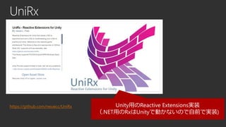 UniRx 
https://github.com/neuecc/UniRx 
Unity用のReactive Extensions実装 
（.NET用のRxはUnityで動かないので自前で実装)  
