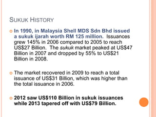 SUKUK HISTORY 
 In 1990, in Malaysia Shell MDS Sdn Bhd issued 
a sukuk ijarah worth RM 125 million. Issuances 
grew 145% ...
