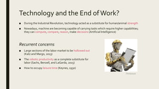Technology and the End ofWork?
■ During the Industrial Revolution, technology acted as a substitute for human/animal stren...