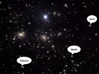 JUnit	
  
Fixtures	
  
Mocks	
  
 