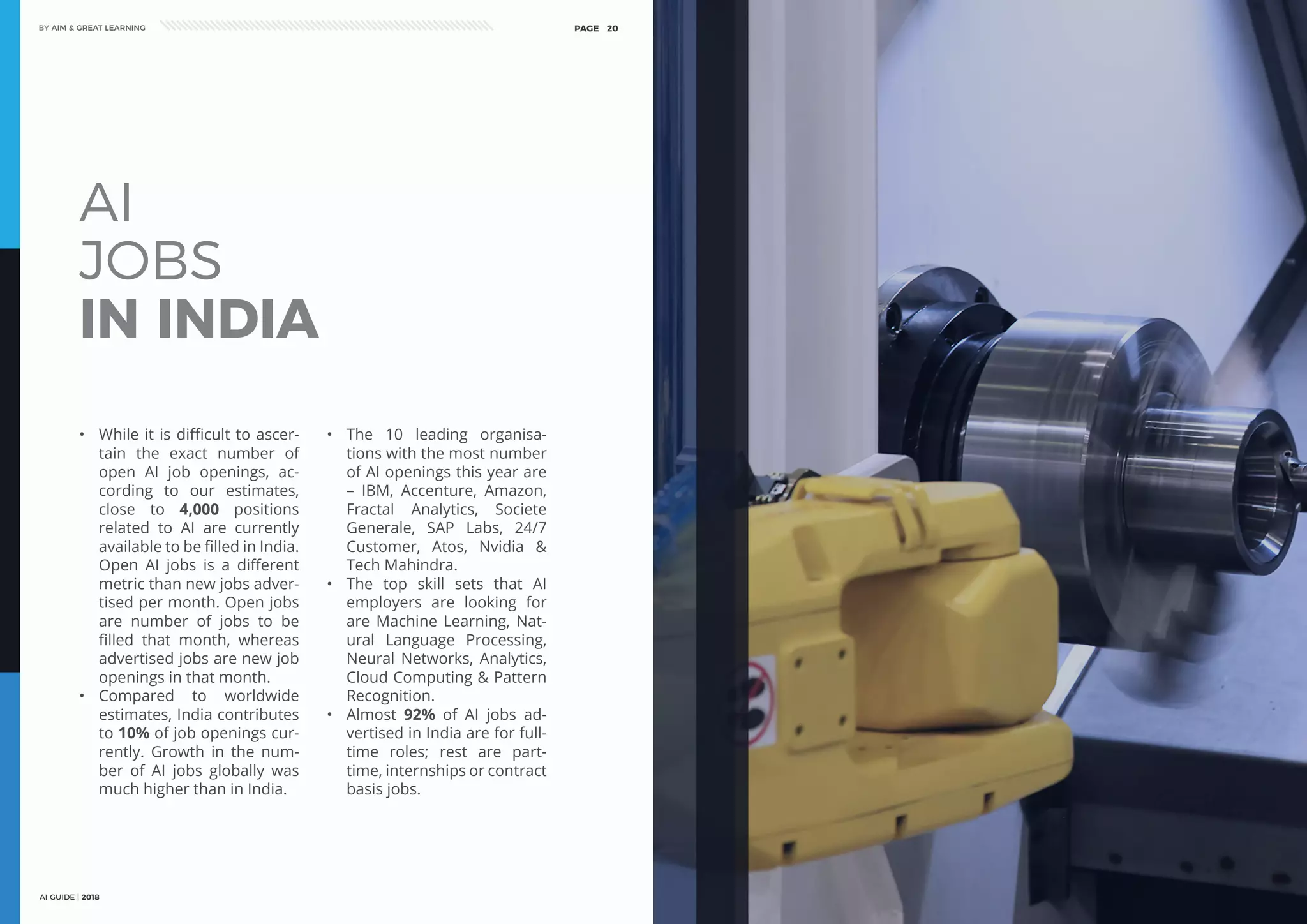 AI GUIDE | 2018
BY AIM & GREAT LEARNINGBY AIM & GREAT LEARNING
AI GUIDE | 2018
PAGE 20 PAGE 21
AI
JOBS
IN INDIA
•	 While it is difficult to ascer-
tain the exact number of
open AI job openings, ac-
cording to our estimates,
close to 4,000 positions
related to AI are currently
available to be filled in India.
Open AI jobs is a different
metric than new jobs adver-
tised per month. Open jobs
are number of jobs to be
filled that month, whereas
advertised jobs are new job
openings in that month.
•	 Compared to worldwide
estimates, India contributes
to 10% of job openings cur-
rently. Growth in the num-
ber of AI jobs globally was
much higher than in India.
•	 The 10 leading organisa-
tions with the most number
of AI openings this year are
– IBM, Accenture, Amazon,
Fractal Analytics, Societe
Generale, SAP Labs, 24/7
Customer, Atos, Nvidia &
Tech Mahindra.
•	 The top skill sets that AI
employers are looking for
are Machine Learning, Nat-
ural Language Processing,
Neural Networks, Analytics,
Cloud Computing & Pattern
Recognition.
•	 Almost 92% of AI jobs ad-
vertised in India are for full-
time roles; rest are part-
time, internships or contract
basis jobs.
 