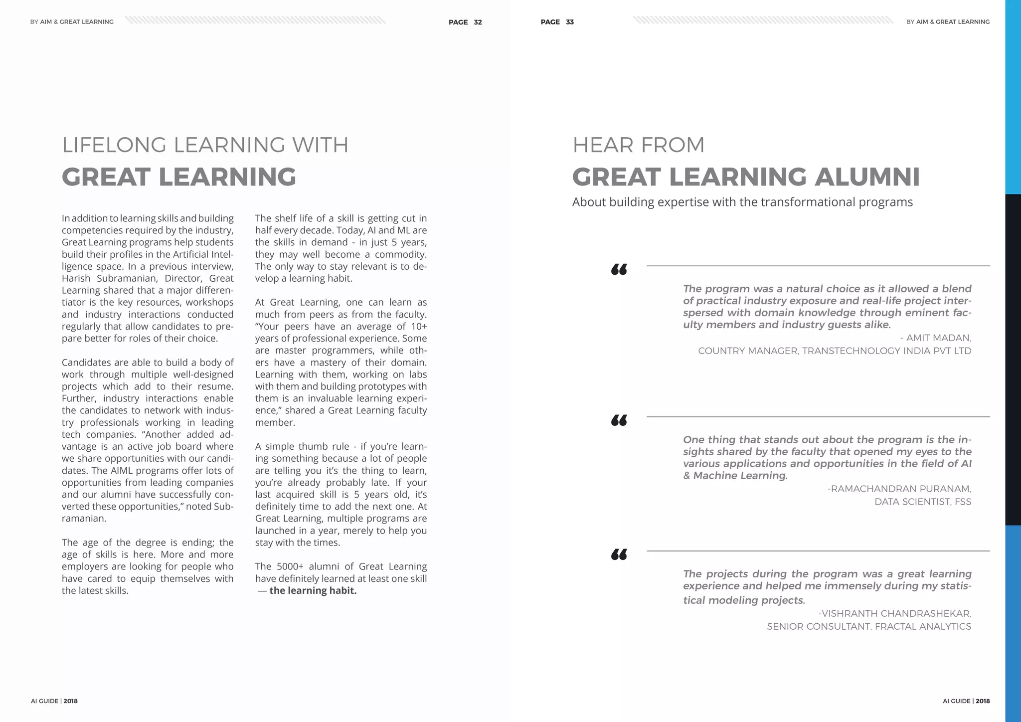 AI GUIDE | 2018
BY AIM & GREAT LEARNINGBY AIM & GREAT LEARNING
AI GUIDE | 2018
PAGE 32 PAGE 33
GREAT LEARNING
LIFELONG LEARNING WITH
In addition to learning skills and building
competencies required by the industry,
Great Learning programs help students
build their profiles in the Artificial Intel-
ligence space. In a previous interview,
Harish Subramanian, Director, Great
Learning shared that a major differen-
tiator is the key resources, workshops
and industry interactions conducted
regularly that allow candidates to pre-
pare better for roles of their choice.
Candidates are able to build a body of
work through multiple well-designed
projects which add to their resume.
Further, industry interactions enable
the candidates to network with indus-
try professionals working in leading
tech companies. “Another added ad-
vantage is an active job board where
we share opportunities with our candi-
dates. The AIML programs offer lots of
opportunities from leading companies
and our alumni have successfully con-
verted these opportunities,” noted Sub-
ramanian.
The age of the degree is ending; the
age of skills is here. More and more
employers are looking for people who
have cared to equip themselves with
the latest skills.
The shelf life of a skill is getting cut in
half every decade. Today, AI and ML are
the skills in demand - in just 5 years,
they may well become a commodity.
The only way to stay relevant is to de-
velop a learning habit.
At Great Learning, one can learn as
much from peers as from the faculty.
“Your peers have an average of 10+
years of professional experience. Some
are master programmers, while oth-
ers have a mastery of their domain.
Learning with them, working on labs
with them and building prototypes with
them is an invaluable learning experi-
ence,” shared a Great Learning faculty
member.
A simple thumb rule - if you’re learn-
ing something because a lot of people
are telling you it’s the thing to learn,
you’re already probably late. If your
last acquired skill is 5 years old, it’s
definitely time to add the next one. At
Great Learning, multiple programs are
launched in a year, merely to help you
stay with the times.
The 5000+ alumni of Great Learning
have definitely learned at least one skill
— the learning habit.
GREAT LEARNING ALUMNI
HEAR FROM
“ The program was a natural choice as it allowed a blend
of practical industry exposure and real-life project inter-
spersed with domain knowledge through eminent fac-
ulty members and industry guests alike.
- AMIT MADAN,
COUNTRY MANAGER, TRANSTECHNOLOGY INDIA PVT LTD
About building expertise with the transformational programs
“ One thing that stands out about the program is the in-
sights shared by the faculty that opened my eyes to the
various applications and opportunities in the field of AI
& Machine Learning.
-RAMACHANDRAN PURANAM,
DATA SCIENTIST, FSS
“ The projects during the program was a great learning
experience and helped me immensely during my statis-
tical modeling projects.
-VISHRANTH CHANDRASHEKAR,
SENIOR CONSULTANT, FRACTAL ANALYTICS
 