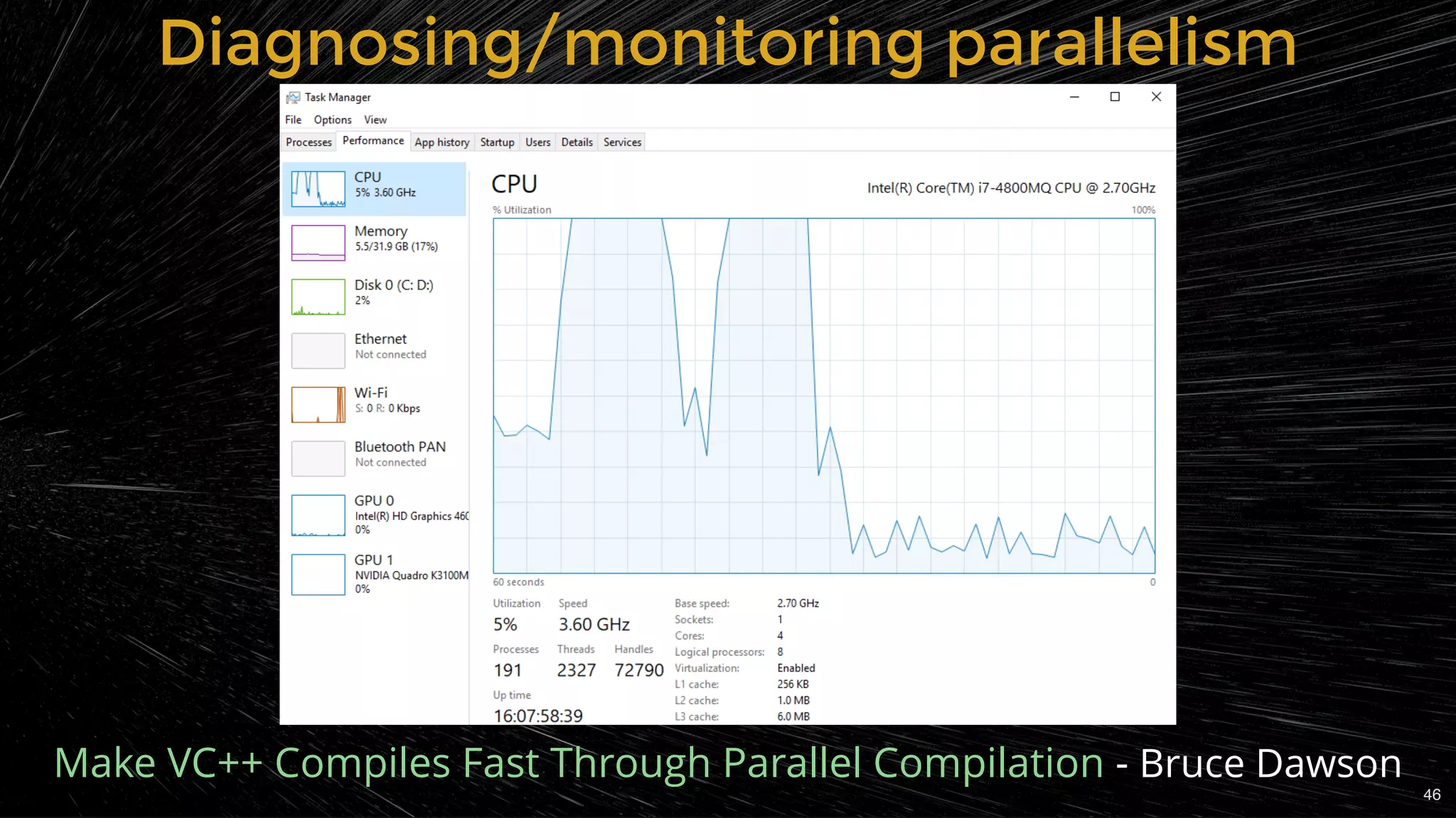 Diagnosing/monitoring parallelismDiagnosing/monitoring parallelism
 - Bruce DawsonMake VC++ Compiles Fast Through Parallel Compilation
46
 